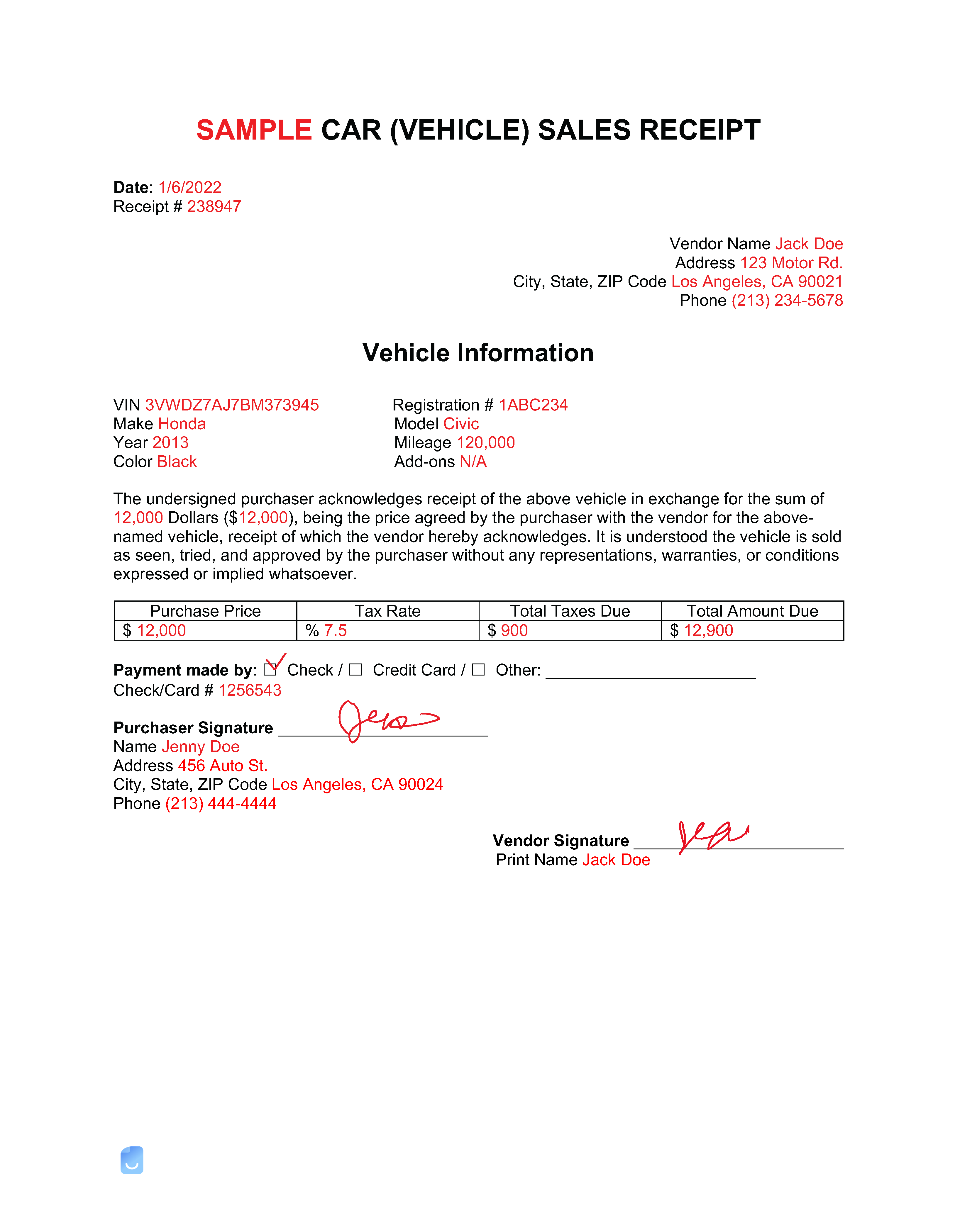 Car (Sales) Receipt Template Invoice Maker