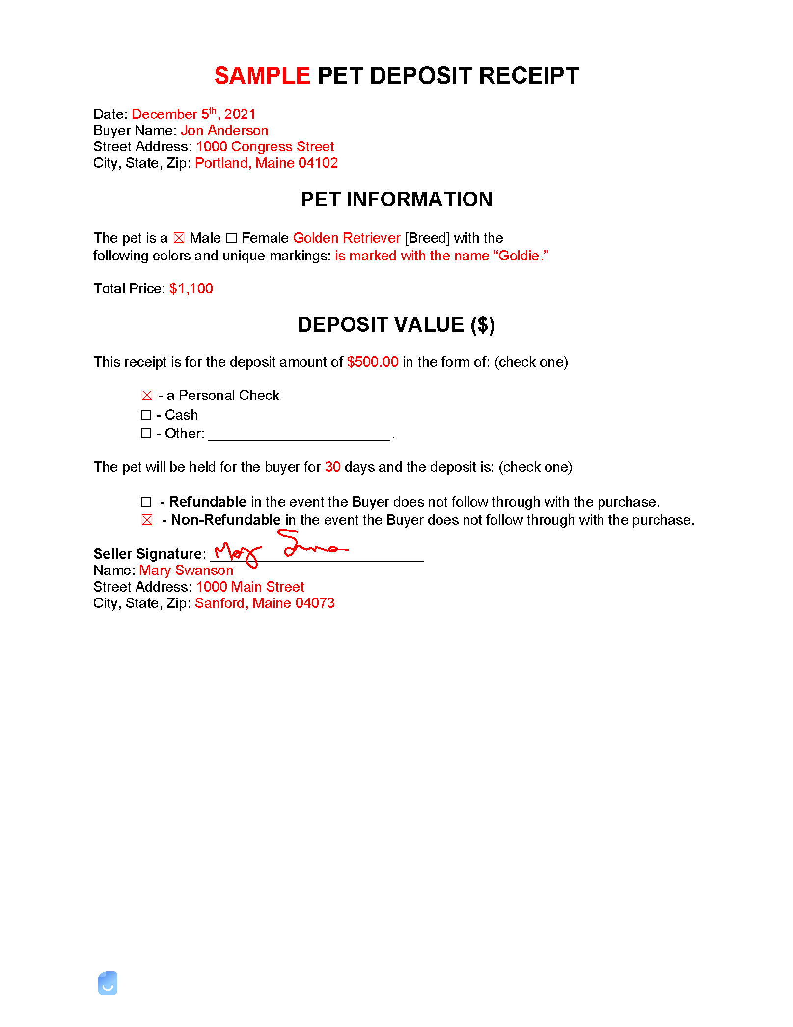 Pet Deposit Receipt Template Invoice Maker