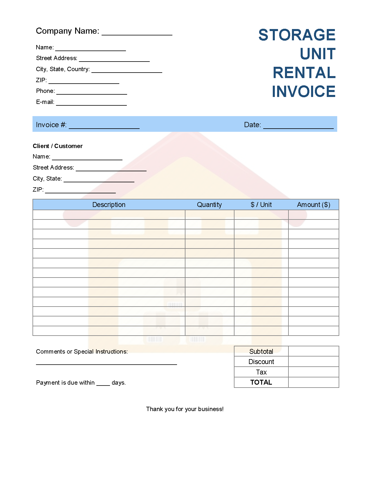 Storage Unit Rental Invoice Template Invoice Generator